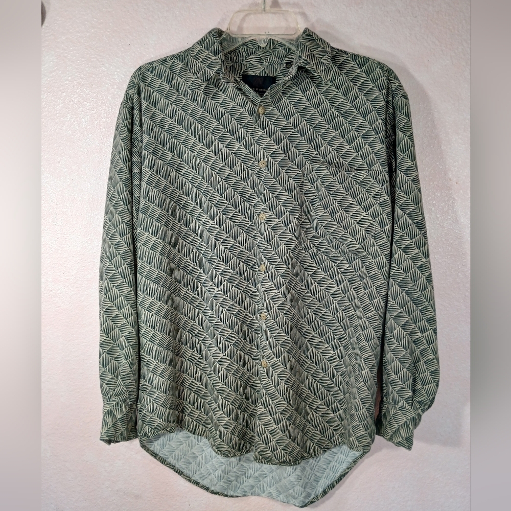 Men's Diamond W/ Lines Patterned Button Down Shirt 80's Vintage Tan/Blue Size M